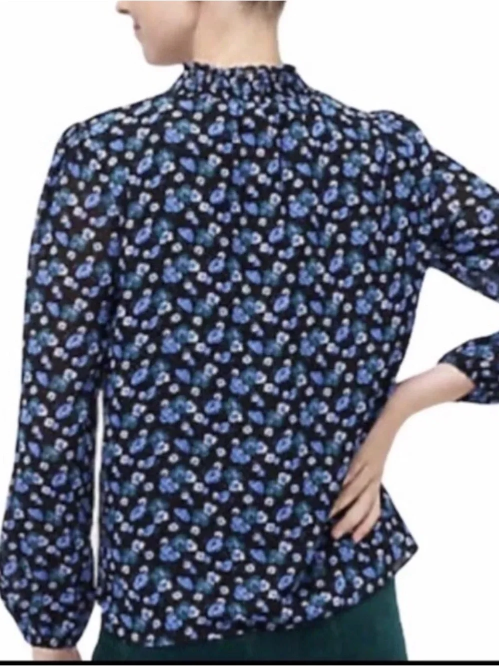 J. Crew Smocked Neck Blue Floral Long-Sleeve Women's Top